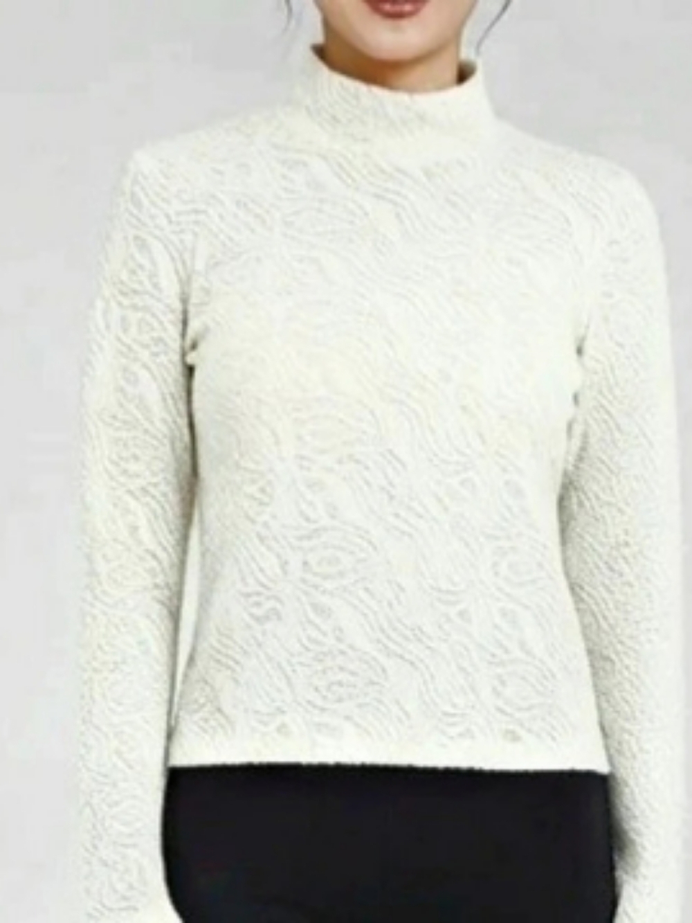 Anthropologie Textured Wave Mock Neck Long Sleeve Top Cream Size L